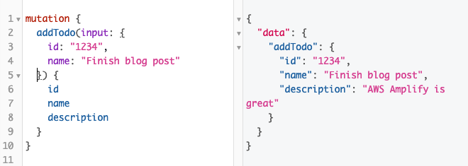 Calling our mutation through the AppSync console. Calling our mutation through the AppSync console.